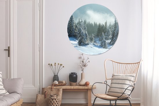 WallCircle - Wandcirkel - Muurcirkel - Bos - Sneeuw - Winter - Aluminium - Dibond - ⌀ 120 cm - Binnen en Buiten XXL