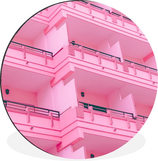 WallCircle - Wandcirkel - Muurcirkel - Balkon - Zomer - Roze - Architectuur - Aluminium - Dibond - ⌀ 140 cm - Binnen en Buiten
