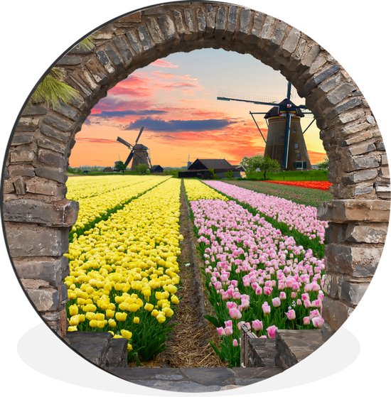 WallCircle - Wandcirkel - Muurcirkel - Tulpen - Bloemen - Molen - Doorkijk - Aluminium - Dibond - ⌀ 140 cm - Binnen en Buiten