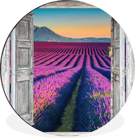WallCircle - Wandcirkel - Muurcirkel - Lavendel - Zomer - Doorkijk - Bloemen - Aluminium - Dibond - ⌀ 90 cm - Binnen en Buiten