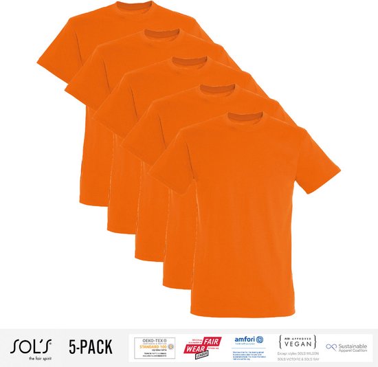 5 Pack Sol's Heren T-Shirt 100% biologisch katoen Ronde hals Oranje Maat XL