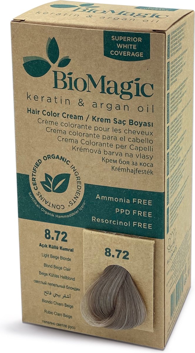 Permanente Haarverf met Biologische Ingrediënten LICHT BEIGE BLOND 8/72 BioMagic (*) Natuurlijke Haarverf in Apotheken [Ammoniak vrij/ PPD vrij/ Resorcinol vrij]