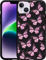 Geschikt voor Apple iPhone 14 Plus Hoesje Zwart Roze Vlinders - Designed by Cazy