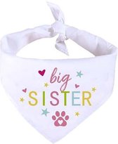 Honden bandana Big Sister wit met gekleurde tekst, bloemetjes en hartjes - bandana - hond - baby - zwanger - geboorte - big sister