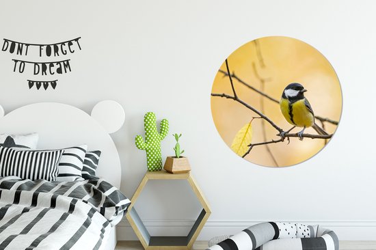 WallCircle - Wandcirkel - Muurcirkel - Vogel - Koolmees - Geel - Takken - Blad - Kunststof - Ronde schilderijen - 90x90 cm - Muurdecoratie rond - Wandcirkel natuur