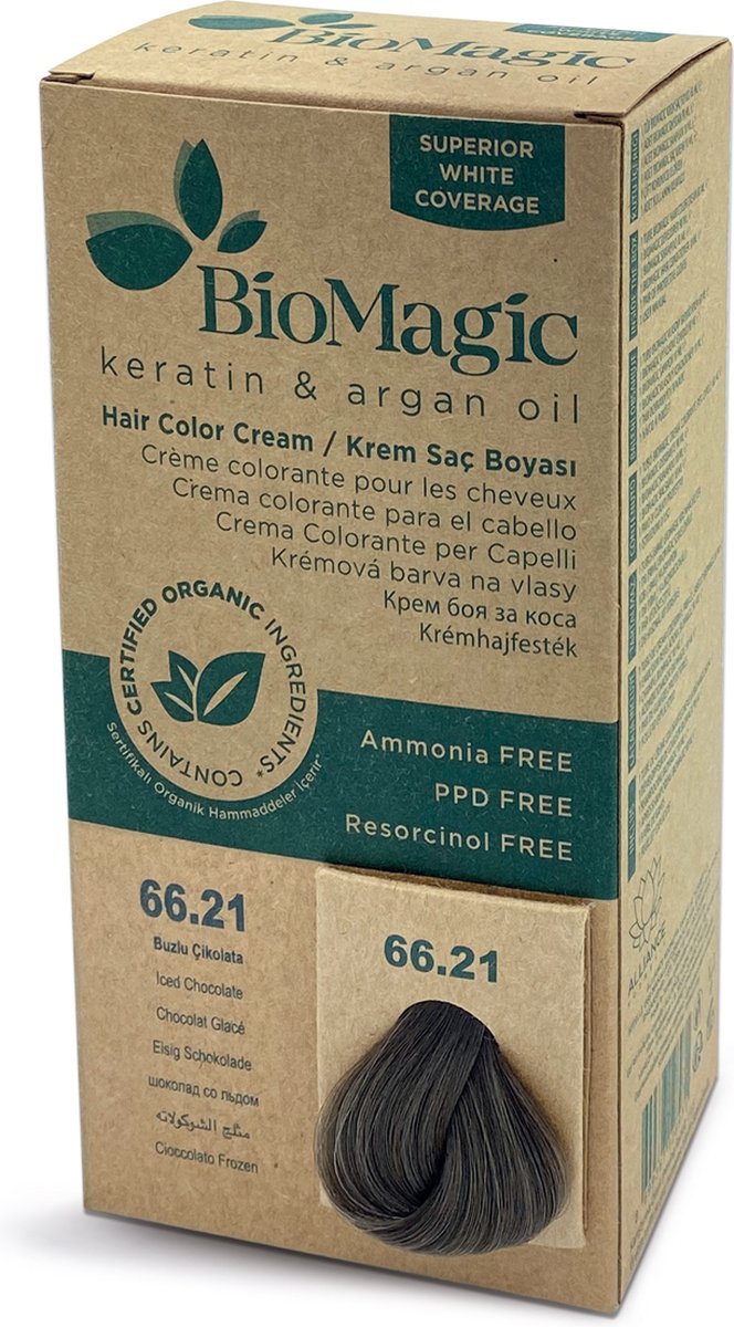 Natuurlijke Biologische haarverf, verrijkt met Keratine en Arganolie, zonder Ammoniak, PPD en Resorcinol- Kleur ICED CHOCOLATE 66/21- Je haar kleuren en verzorgen in één met BioMagic - Organic