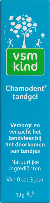 Blauwe doos met opdruk van een boom met kinderen. Tekst: Chamodent tandgel.