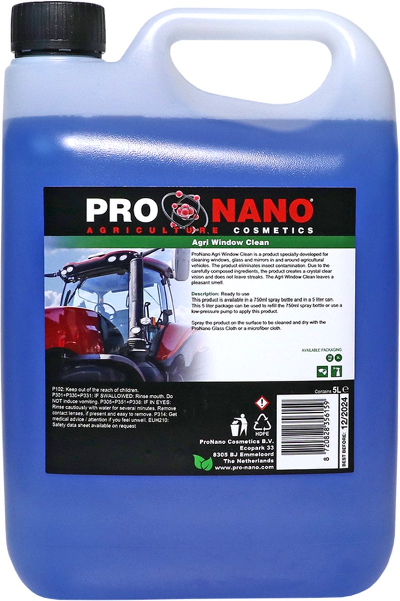 ProNano | Pro Nano Agri Window Clean 5L | Nano Technologie | Reinigen van ramen, glas en spiegels in en rond landbouwvoertuigen. Het product elimineert besmetting door insecten.