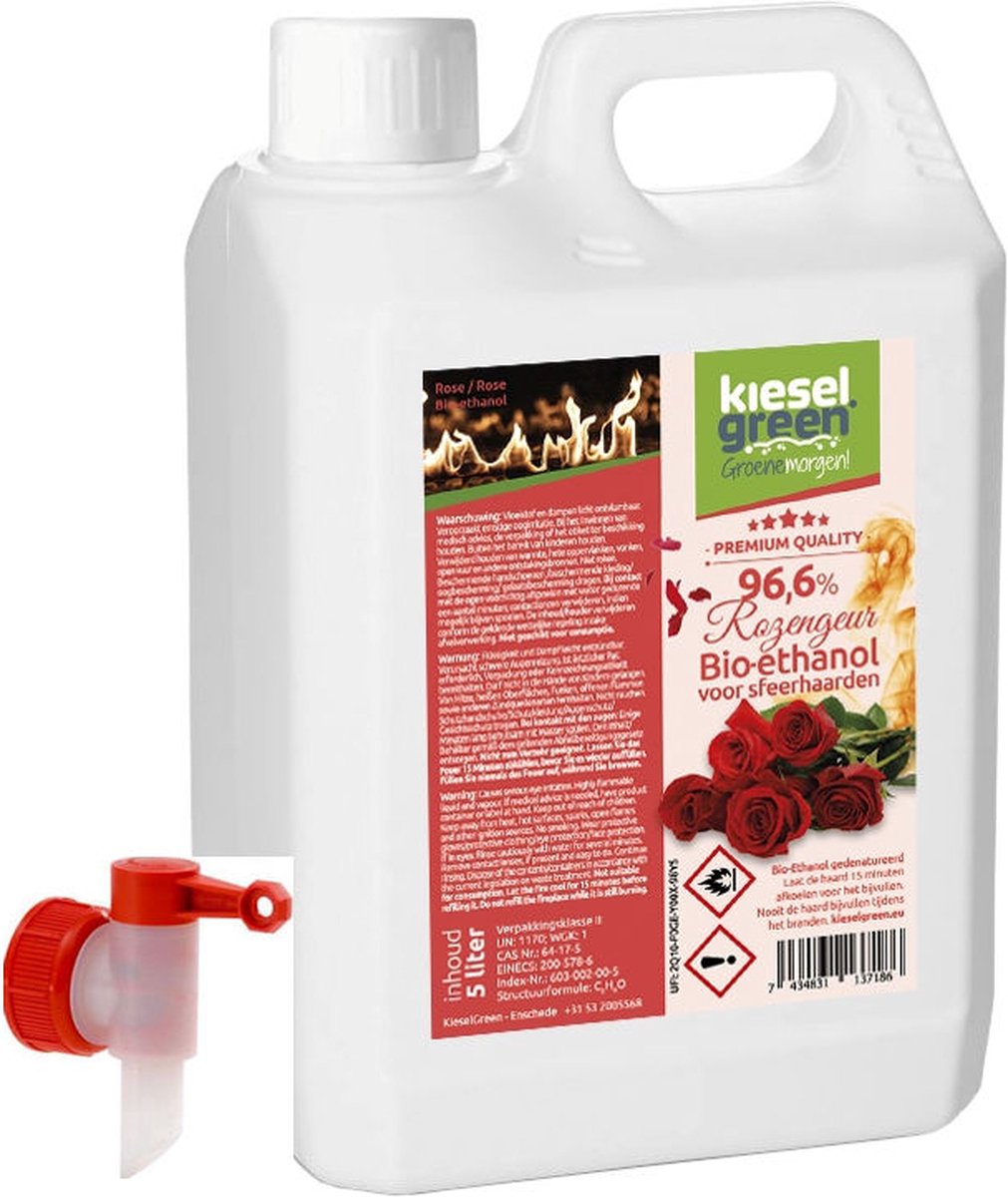 KieselGreen 5 Liter Bio-Ethanol met Rozen Aroma - Bioethanol 96.6%, Veilig voor Sfeerhaarden en Tafelhaarden, Milieuvriendelijk - Premium Kwaliteit Ethanol voor Binnen en Buiten