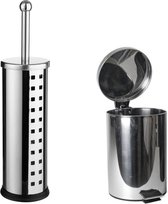 Berilo - Toiletborstel houder zilver rvs 39 cm met pedaalemmer 3 liter