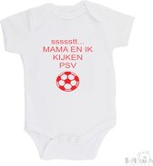 100% Katoenen Romper "ssssstt Mama en ik kijken PSV" Unisex Katoen Wit/rood Maat 62/68