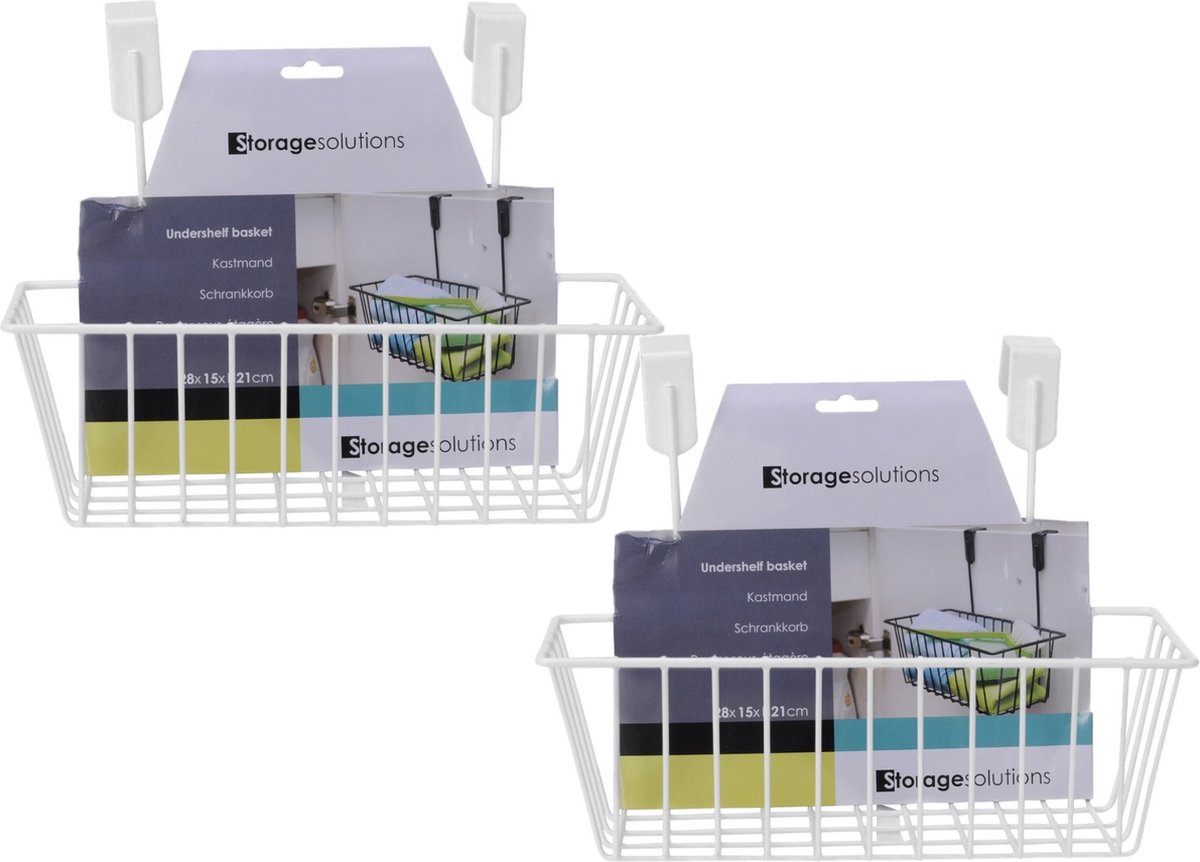 Set van 2x stuks mandje met deurhaken wit metaal 28 x 9,5 cm - Hangmand