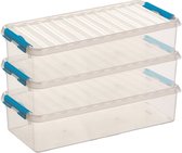 3x Sunware Q-Line opberg boxen/opbergdozen 6,5 liter 48,5 x 19 x 10,5 cm kunststof - Langwerpige/smalle opslagbox - Opbergbak kunststof transparant/blauw