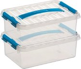 2x Sunware Q-Line opberg boxen/opbergdozen 4 liter 30 x 20 x 10 cm kunststof - platte/smalle opslagbox - Opbergbak kunststof transparant/blauw