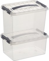2x Stapelbare opberg boxen/opbergdozen set 6 en 9 liter 30 cm kunststof - Opslagbox - Opbergbak kunststof transparant/zilver