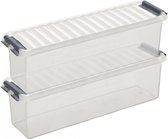 2x Sunware Q-Line opberg boxes/opbergdozen 1,3 liter 27 x 8,4 x 9 cm kunststof - Langwerpige/smalle opslagbox - Opbergbak kunststof transparant/zilver