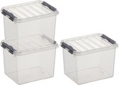 3x Sunware Q-Line opberg boxen/opbergdozen 3 liter 20 cm kunststof - Opslagbox - Opbergbak kunststof transparant/zilver