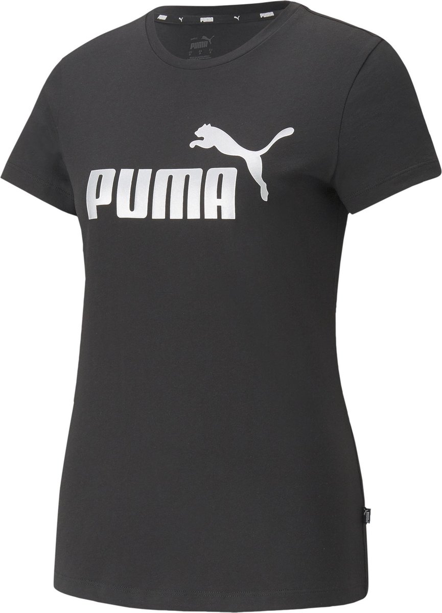 PUMA ESS+ Metallic Logo Tee Dames T-shirt Zwart
