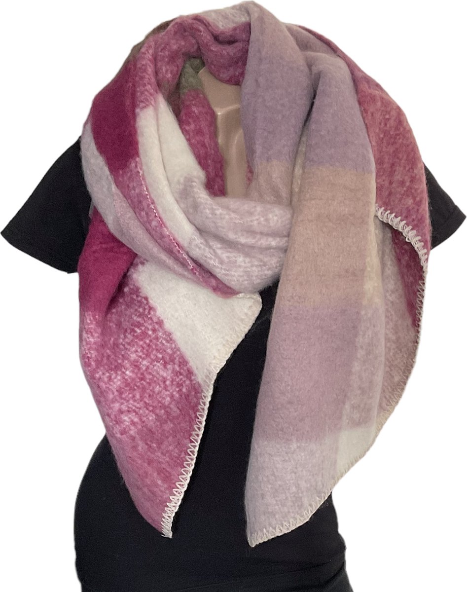 Lange Warme Dames Sjaal - Omslagdoek - Extra Dikke Kwaliteit - Geblokt - Gemêleerd - Wijnrood/Khaki - 190 x 53 cm (969626#)