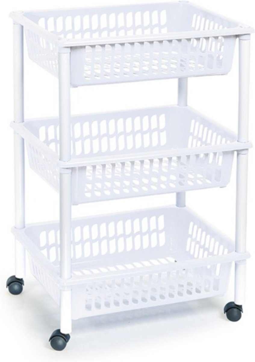 Opberg trolley/roltafel/organizer met 3 manden 40 x 30 x 61,5 cm wit/wit - Etagewagentje/karretje met opbergkratten