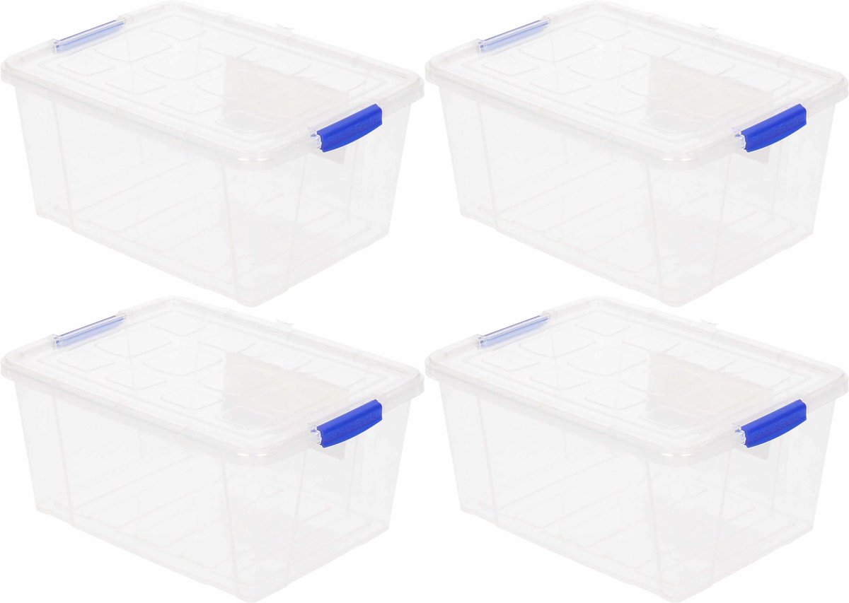 4x Opslagbakken/organizers met deksel 16 liter 40 cm transparant - Opbergbakken - Organizers/opbergbakken - Woonkamer/badkamer spullen opruimen