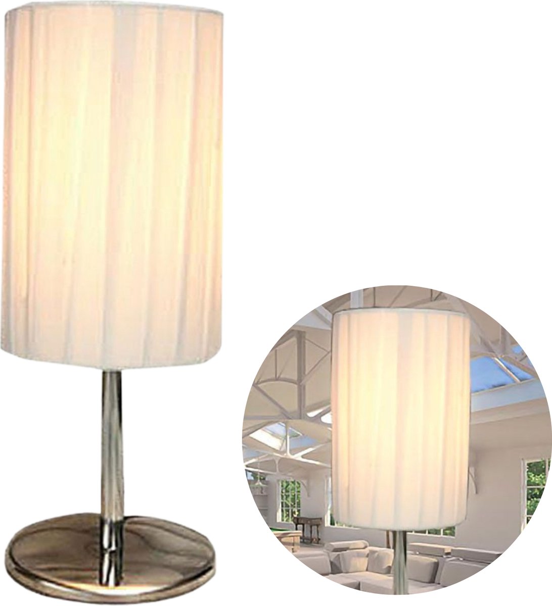 Cheqo® Luxe Tafellamp - Bedlamp - Lamp - Sfeerverlichting - Ronde Kap - ø10cm - 25cm Hoog - Adapter - Witte Kap