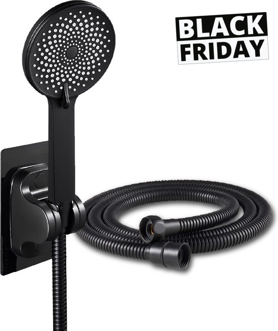 Douchekop Zwart incl. Douchekophouder en Slang Handdouche Hogedruk