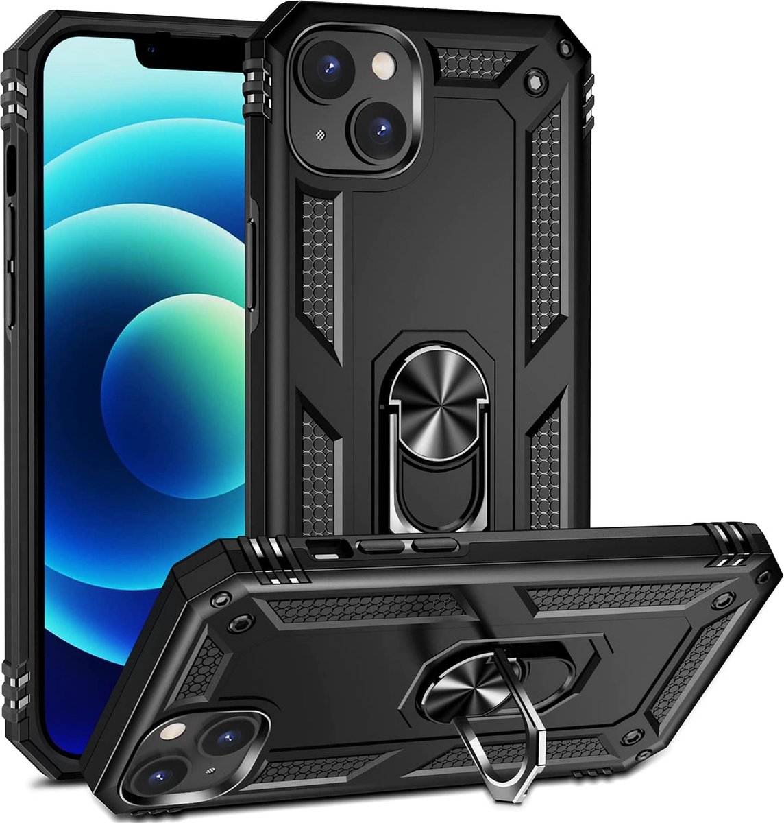 Ring Armor hoesje Geschikt voor iPhone 14 - Zwart - Draaibare standaard - Magneet - ZT Accessoires