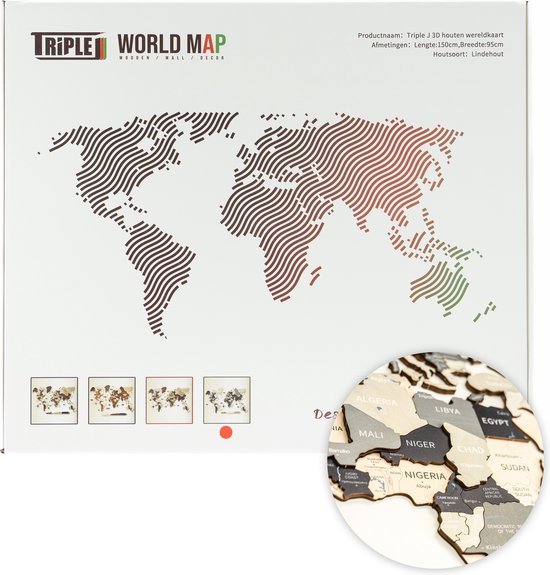 Triple J® 3D Wereldkaart - Houten Wereldkaart - Muurdecoratie - Wanddecoratie - Blauw - 150cm x 95cm