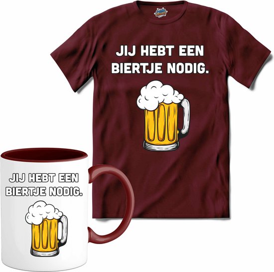 Biertje nodig? - Bier kleding cadeau - bierpakket kado idee - grappige bierglazen drank feest teksten en zinnen - T-Shirt met mok - Heren - Burgundy - Maat S