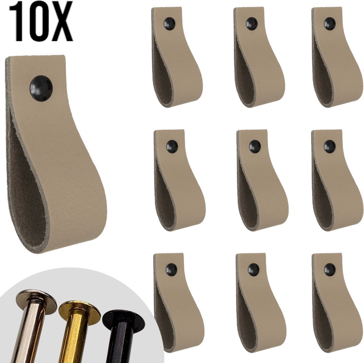 Leren lusjes - Taupe - 10 stuks - incl. 3 kleuren schroefjes (leren handgrepen - leren handgreepjes - leren greepjes)