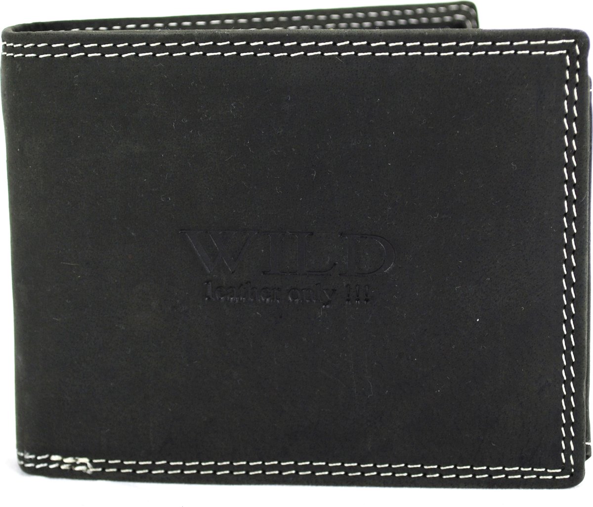 Wild Leather Only !!! Portemonnee Heren Buffelleer Zwart - Billfold - (AD-206-6) -12x2.5x9.5cm -