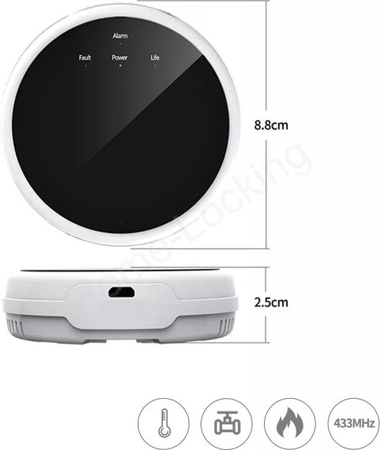 Ronde witte gasdetector met zwarte display, afmetingen 8.8cm x 2.5cm. Symbolen voor temperatuur, kraan, vuur en frequentie.