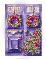 Kerstkaart kerstdeur 10x15cm, illustratie van aquarel en fineliner