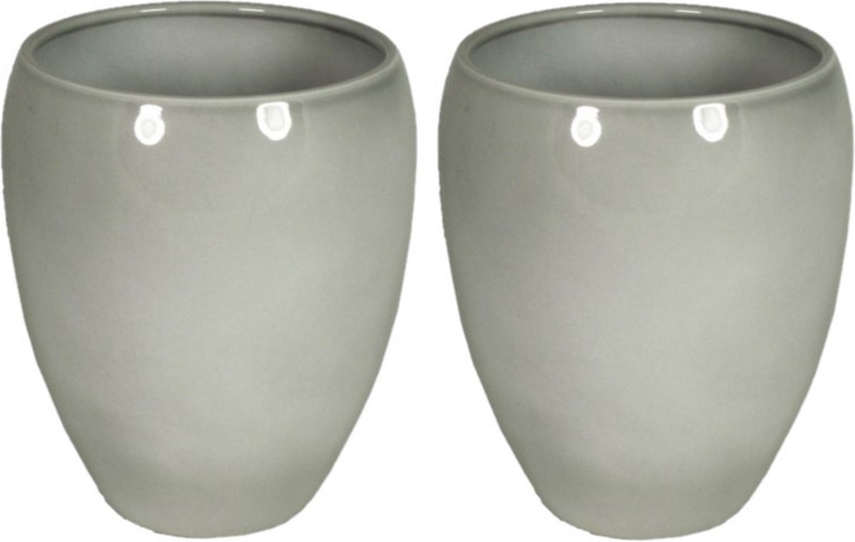 Floran 2x stuks bloemen vaas/vazen glanzend grijs van keramiek D25 x H28 cm - Bloempot/plantenpot/bloemenvaas
