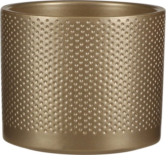 Gouden keramieken pot met reliëf van kleine puntjes.