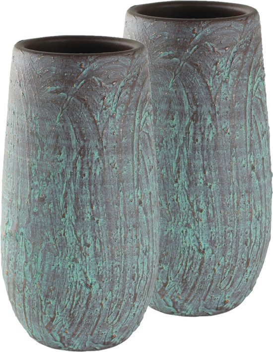 Set van 2x stuks hoge bloempotten/plantenpotten vaas van keramiek in de kleur antiek brons/groen met diameter 17 cm en hoogte 37 cm