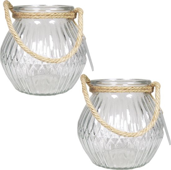 Set van 2x stuks glazen ronde windlichten Crystal 2,5 liter met touw hengsel/handvat 16 x 14,5 cm - 2500 ml - Kaarsen/Waxinelicht