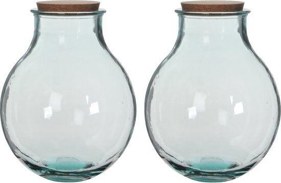 Set van 2x Ronde vazen/vaas Olly 29 x 38 cm transparant gerecycled glas met kurk deksel - Home Deco vazen - Woonaccessoires