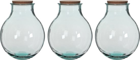 Set van 3x Ronde vazen/vaas Olly 29 x 38 cm transparant gerecycled glas met kurk deksel - Home Deco vazen - Woonaccessoires