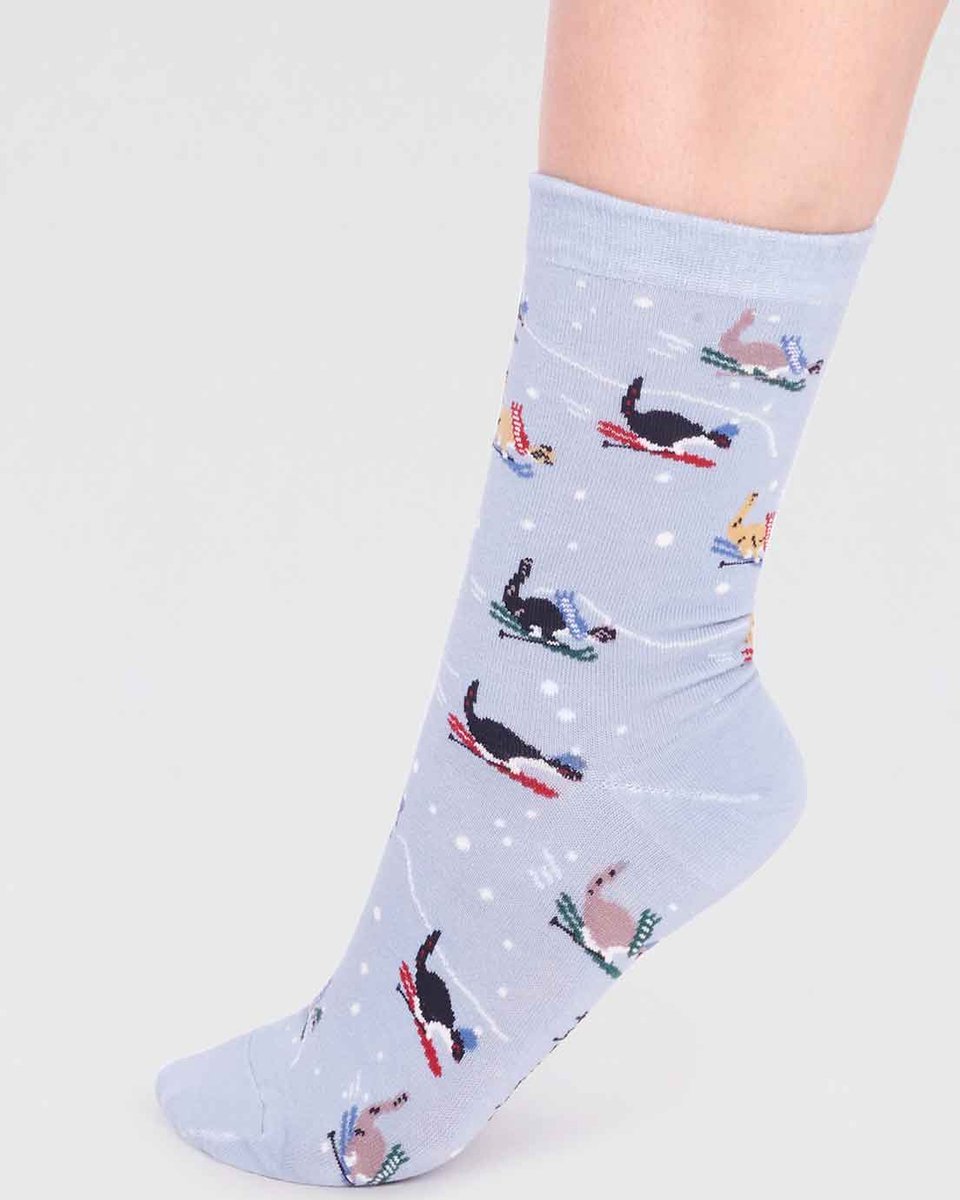 Thought Dames sokken amaryllis skiënde katten - kerstsokken - foam blue
