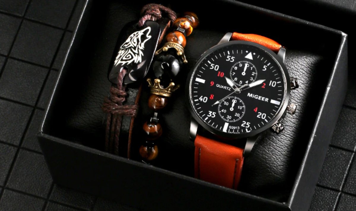 Fiory Horloge-Armband set | Keller Weber| 1 horloge bruine band| 1 leren gevlochten armband bruin | 1 kralenarmband bruin-zwart