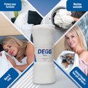 Collage: vrouw slaapt, wasmachine, vrouw met hondje, en deken met label DEGG Plaid.
