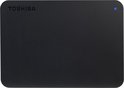 Zwarte Toshiba Canvio Basics externe harde schijf, 2TB, met blauw statuslampje.
