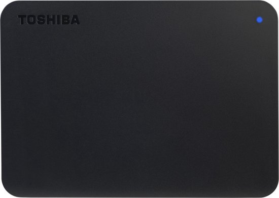Zwarte Toshiba Canvio Basics externe harde schijf, 2TB, met blauw statuslampje.