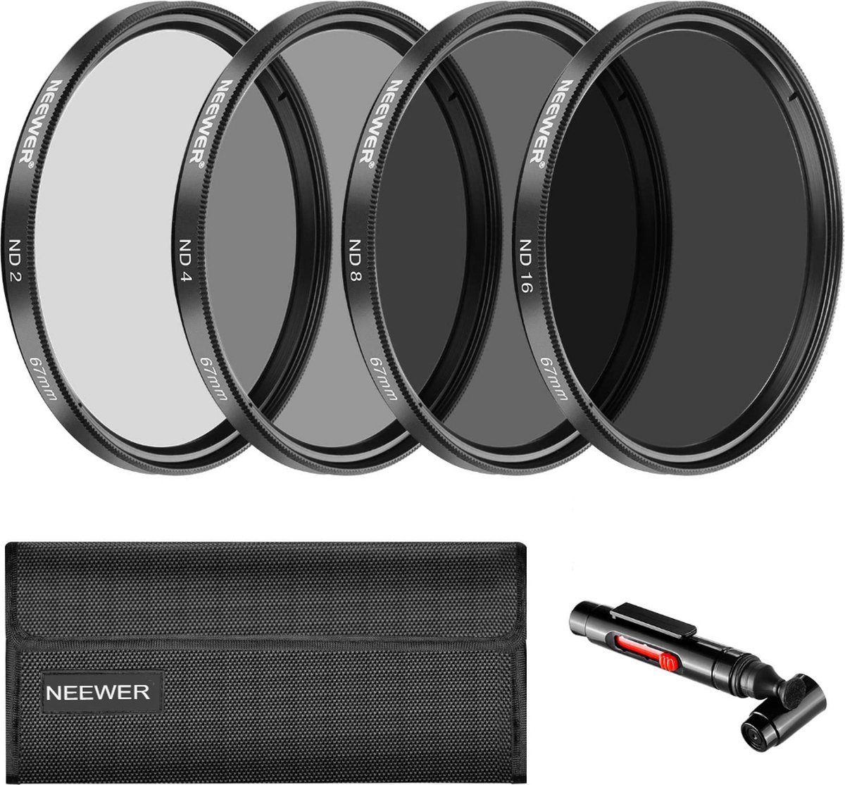 Neewer® - 67mm Neutral Density Filter - ND2 ND4 ND8 ND16 en Accessoire Set Geschikt voor Canon Rebel T5i T4i T3i T2i - EOS 700D 650D 600D 550D 70D 7D DSLR - Lensborstel - Filterzak