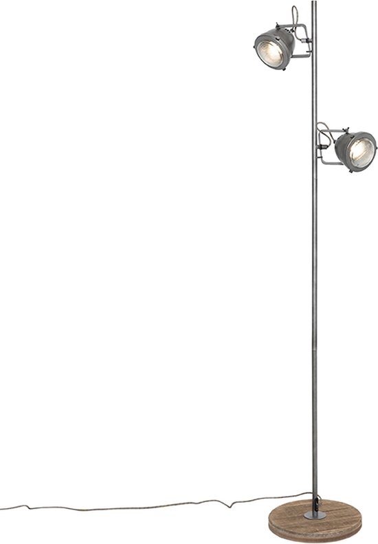 Qazqa Emado Faretto Industriale 2 Luci GU10 - Grigio/Legno - Orientabile Per Soggiorno Cucina
