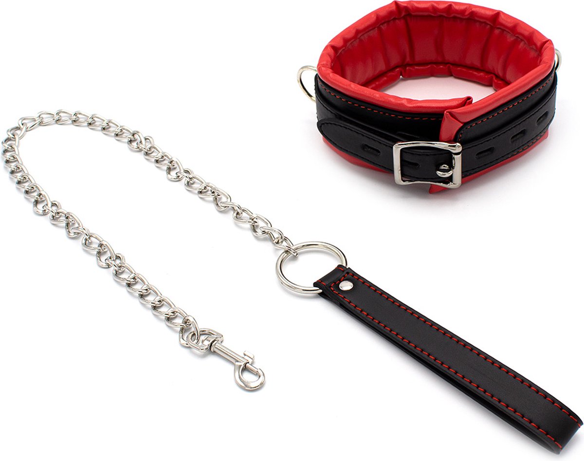 Kiotos Leather - Zwarte Leren collar Met rode voering En leash