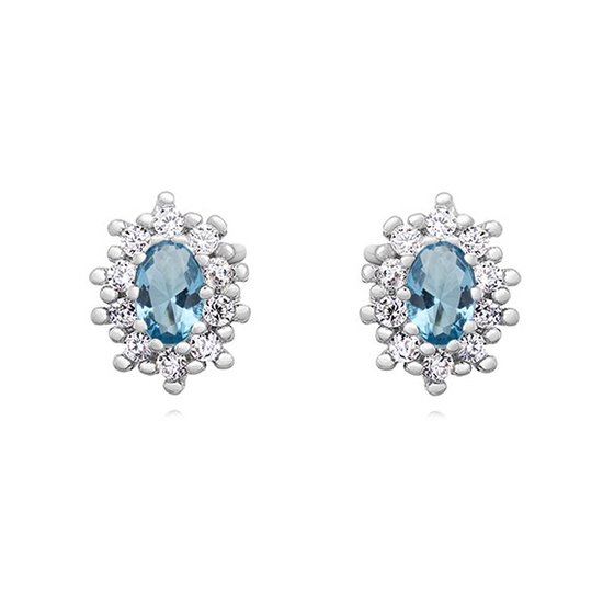 Joy|S - Zilveren elegante ovaal oorbellen - 10 x 8 mm - zirkonia aqua marine blauw - gehodineerd