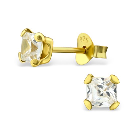 Joy|S - Zilveren classic vierkante oorbellen - 5 mm - zirkonia - oorknoppen - 14k goudplating